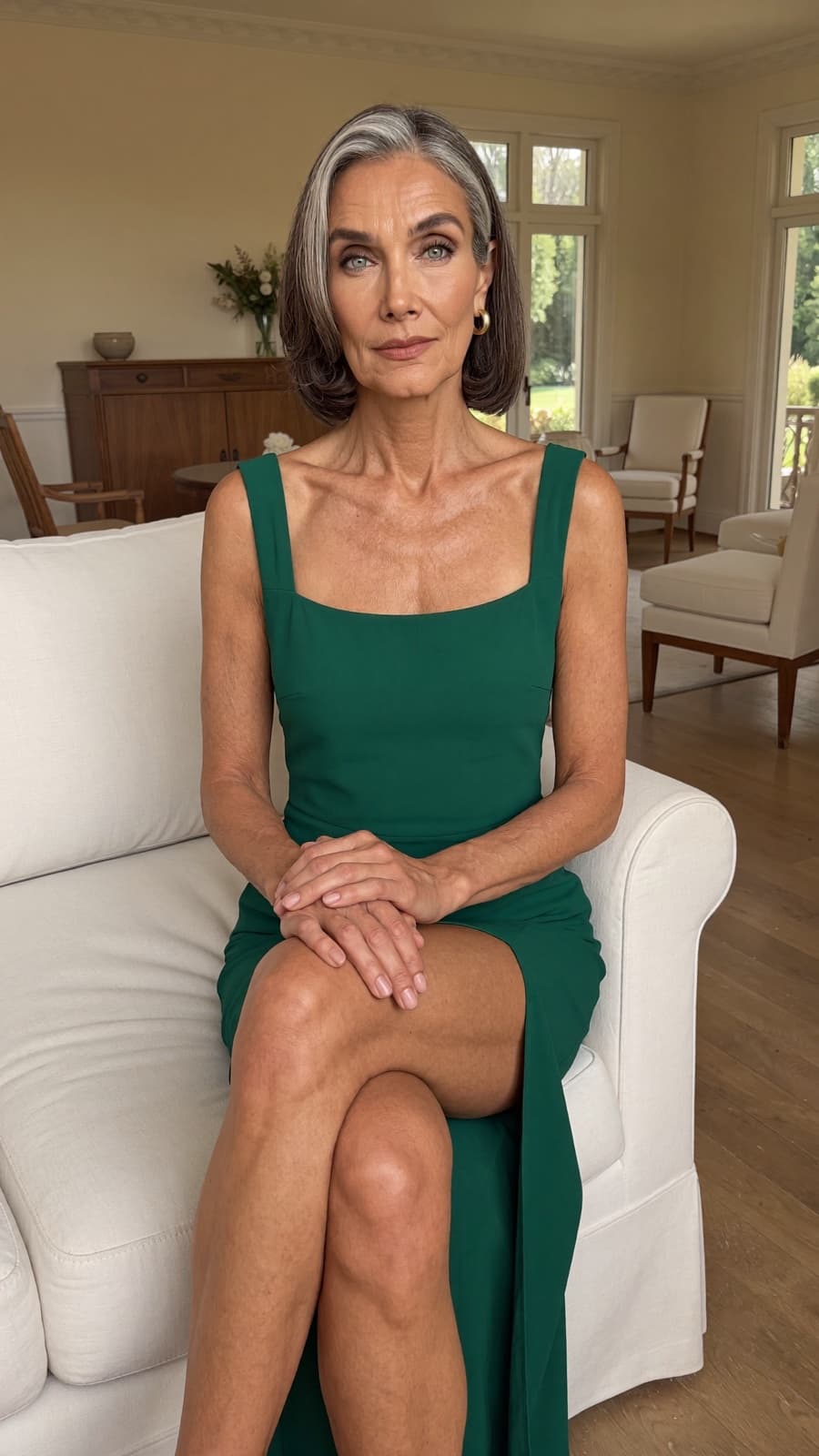 Adriana Mellory in a green dress on a white sofa in a bright living room