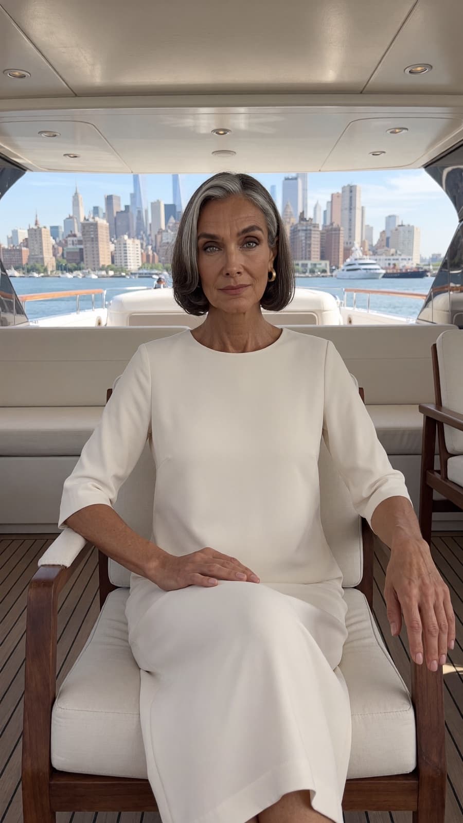 Adriana Mellory in a white dress on a yacht, the Manhattan skyline behind her